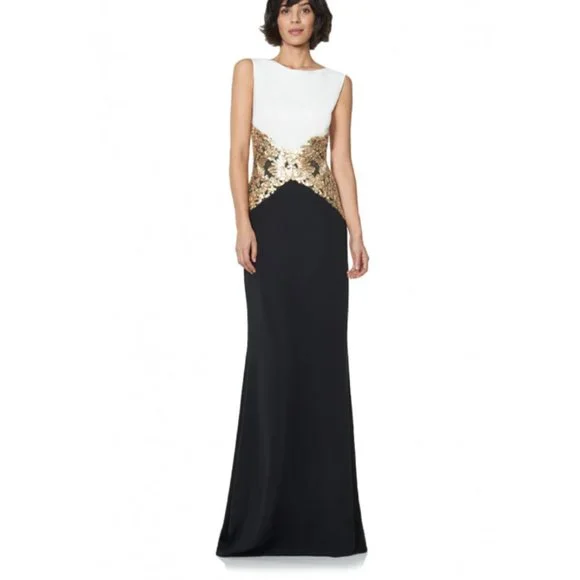 Tadashi Shoji Black and White Dress with Gold Accents - Picture 1 of 16
